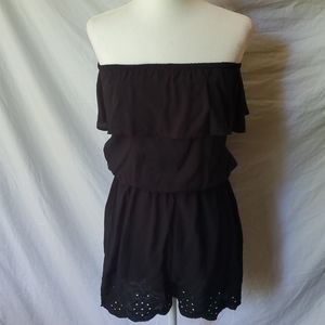 Black Strapless Ruffle Eyelet Romper